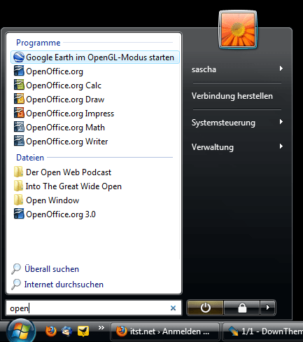 vista-startmenue Das Startmenü von Windows Vista macht die früheren Programmordner überflüssig.